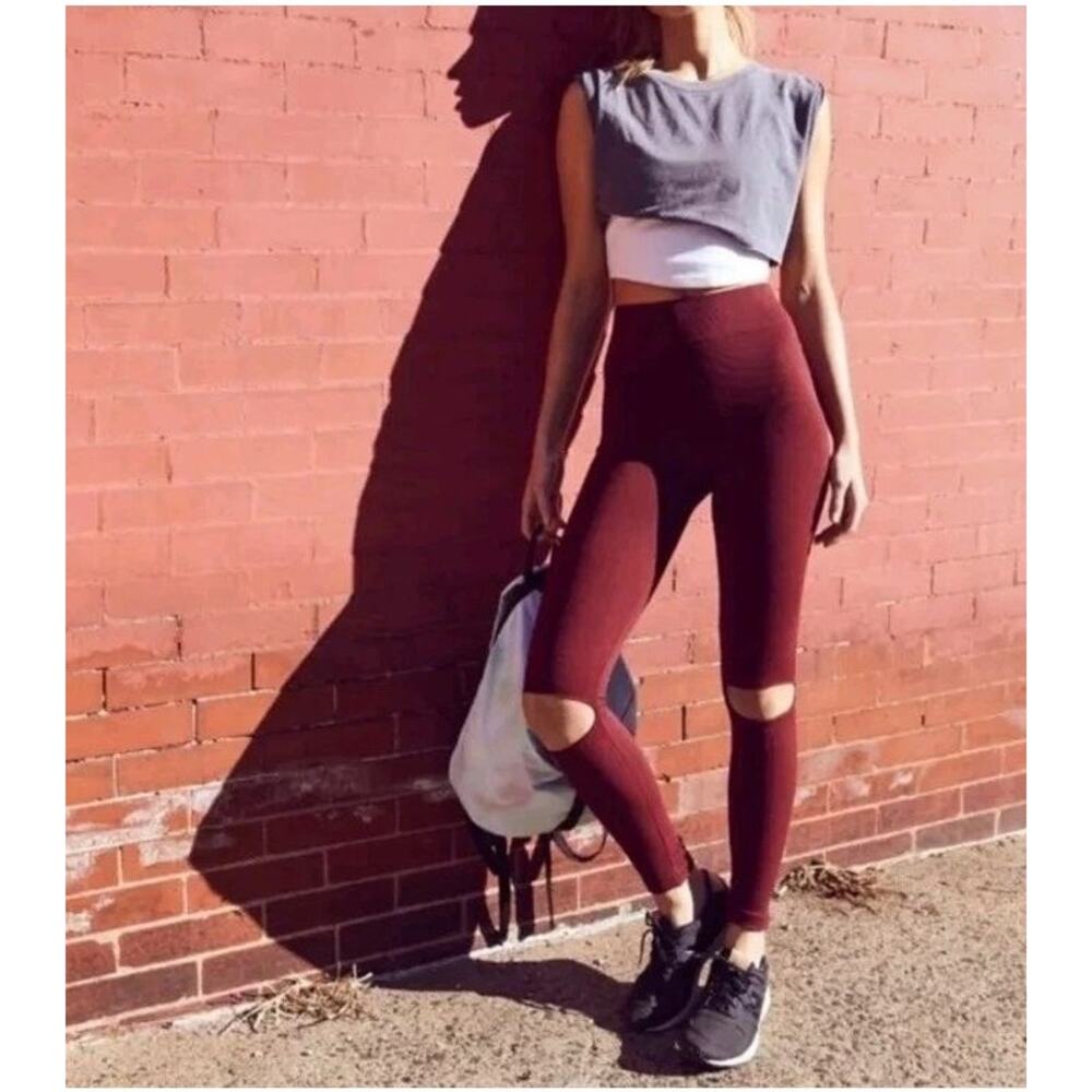 Free People Movement Ryanne Maroon Ripped Knee Detail Athletic Yoga Leggings